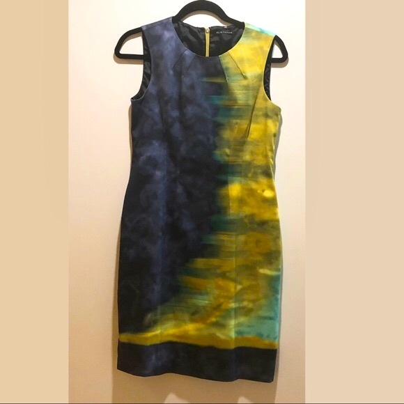 ELIE TAHARI BLUE-YELLOW TIE-DYE OMBRÉ SHIFT DRESS - Picture 3 of 17